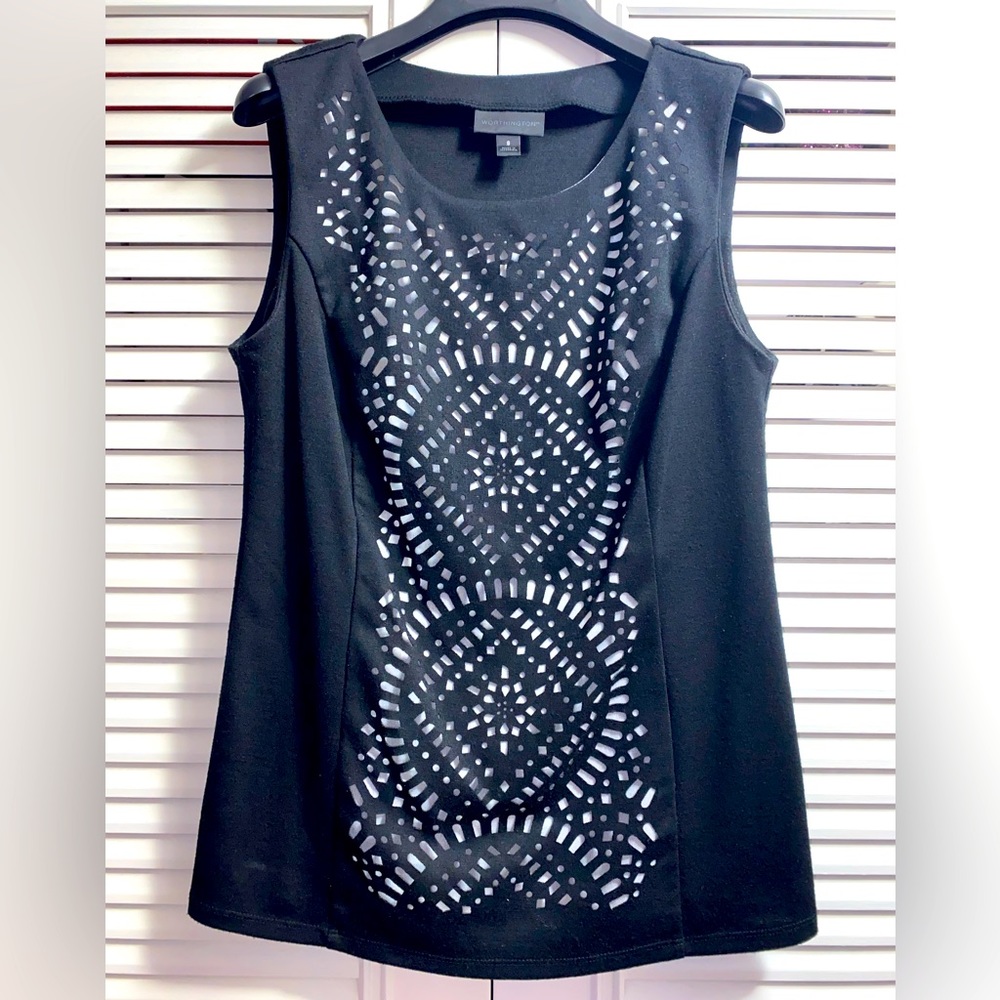 Worthington Womens Black and White Laser Cutout Sleeveless Top
